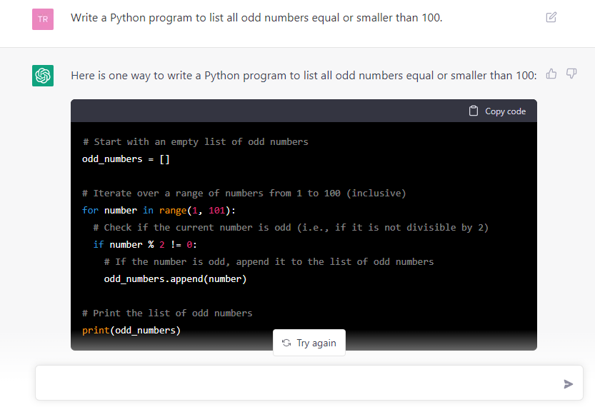 ตัวอย่างการตอบกลับเมื่อสอบถามถึงเรื่องโค้ด Python