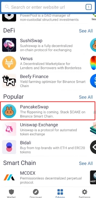 ค้นหาและคลิกไปที่ PancakeSwap